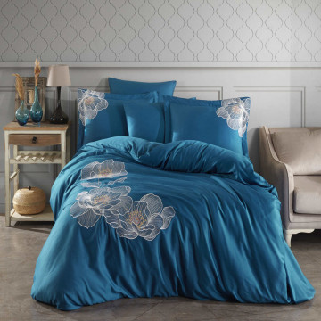 Lenjerie de pat cu broderie, bumbac 100%, pat 2 persoane, 6 piese, albastru petrol, Calista