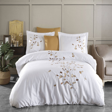 Lenjerie de pat cu broderie, bumbac 100%, pat 2 persoane, 6 piese, alb / mustar, Sedef