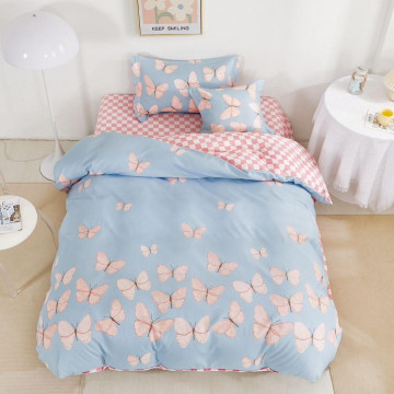 Lenjerie de pat cu elastic, tesatura tip finet, pat 1 persoana, 4 piese, bleu / roz, T60-100