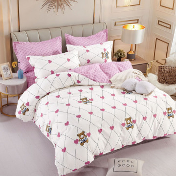 Lenjerie de pat cu elastic, tesatura tip finet, pat 2 persoane, alb / roz, 6 piese, FNJE-82 - Img 1