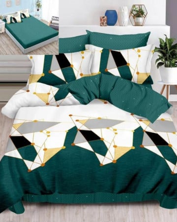 Lenjerie de pat cu elastic, tesatura tip finet, pat 2 persoane, alb / verde, 6 piese, FNE-147 - Img 2