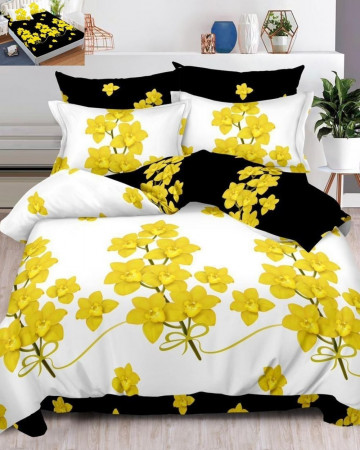 Lenjerie de pat cu elastic, tesatura tip finet, pat 2 persoane, alb / galben, 6 piese, FNE-96