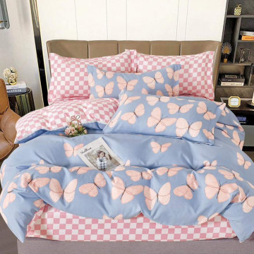 Lenjerie de pat cu elastic, tesatura tip finet, pat 2 persoane, roz / bleu, 6 piese, FNE-200