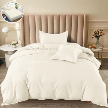 Lenjerie de pat cu elastic, tesatura tip finet, uni, pat 1 persoana, 4 piese, crem, T60-54