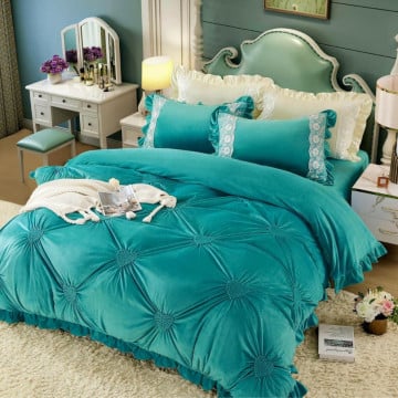 Lenjerie de pat din catifea, cu broderie, pat 2 persoane, turquoise, 4 piese, CCJ-07 - Img 1