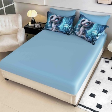 Cearceaf de pat albastru și fețe de pernă cu unicorn JOJO HOME pe pat de o persoană