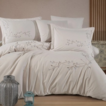 Lenjerie de pat dublă Loren crem | 6 piese | Bumbac Poplin 100% brodat | 59 fire/cm² | Hobby Home