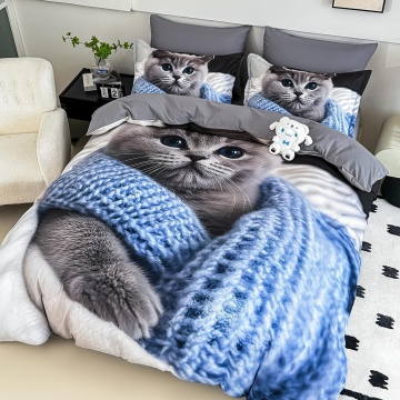 Lenjerie de Pat Finet 5D Pisică în Pulover Albastru & Gri – 6 Piese – Jojo Home