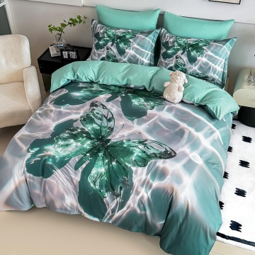Lenjerie de Pat Finet 5D Verde Smarald Butterfly Aqua Shine | 6 Piese | Imprimeu Digital | JOJO HOME