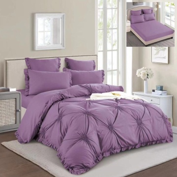 Lenjerie de pat uni cu pliuri si broderie, tesatura tip finet, 6 piese, pat 2 persoane, mov, T1-07