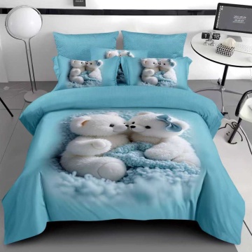 Lenjerie Finet 3D 6 Piese | Model Ursuleți Albaștri | Pat Dublu | Johnny Home Pucioasa