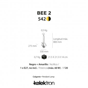 Lustra copii Bee 2, Soclu E27, negru / galben, Max 60W, Kelektron - Img 2