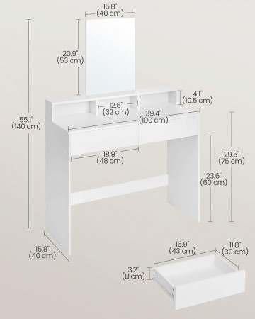 Masa de toaleta cu 2 sertare, 100 x 40 x 140 cm, PAL melaminat, alb, Vasagle - Img 5