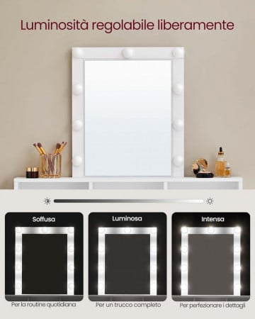Masa de toaleta cu iluminare LED, 100 x 40 x 145 cm, PAL melaminat, alb, Vasagle - Img 3