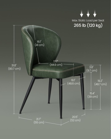 Set 2 scaune dining, 55 x 52 x 79 cm, piele ecologica / metal, verde / negru, Vasagle - Img 6