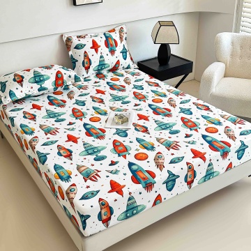 Set Husă de Pat cu Elastic 180×200 cm, Alb cu rachete multicolore, 3 Piese – JoJo Home
