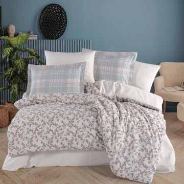 Set lenjerie de pat bumbac poplin 100% Lola | Hobby Home | Bleu cu imprimeu floral | 4 piese | 2 persoane