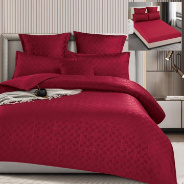 Set lenjerie de pat cu elastic, model embosat, tesatura tip finet, 6 piese, pat 2 persoane, grena, T4-15