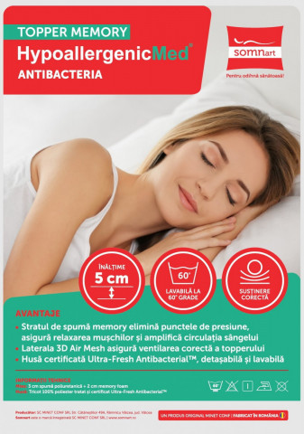 Topper cu memorie 180x200, HypoallergenicMed Antibacteria, H 3+2cm, husa detasabila, lavabila si certificata Ultra-Fresh Antibacterial™ - Img 2