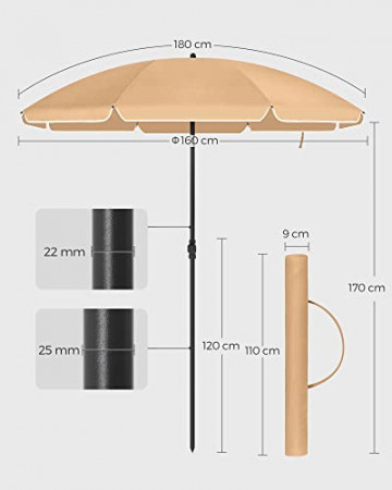 Umbrela de gradina gri taupe din poliester si metal, ∅ 160 cm, Vasagle - Img 8