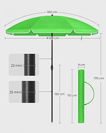 Umbrela de gradina verde din poliester si metal, ∅ 160 cm, Vasagle - Img 4