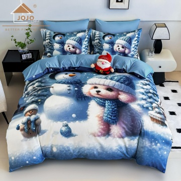 🎄 Lenjerie de Pat 6 Piese Crăciun Albastru | Cățeluș & Om de Zăpadă | Imprimeu Digital 5D | Finet | Jojo Home