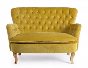 Canapea cu 2 locuri capitonata galben mustar din stofa si lemn de Pin, Orlins Bizzotto - Img 3