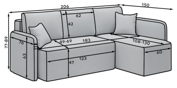 Colțar Hadson extensibil, 206x150x89 cm, orientare dreapta – Jarell 18 – cadru suplimentar de prezentare