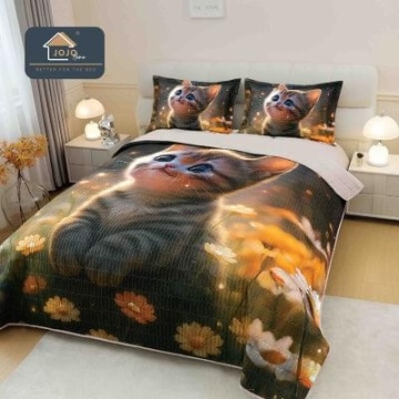 Cuvertură matlasată 5D maro cu pisică JOJO HOME – 3 piese