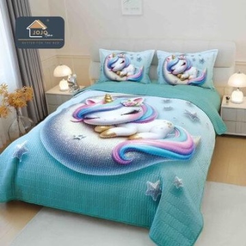 Cuvertură matlasată 5D turcoaz cu unicorn JOJO HOME – 3 piese