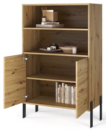Interior comodă înaltă Nexo ADRK stejar artisan cu polițe și uși deschise