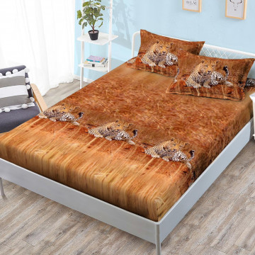 Husa de pat cu elastic si 2 fete de perna, tesatura tip finet, pat 2 persoane, maro, HBFJ-177