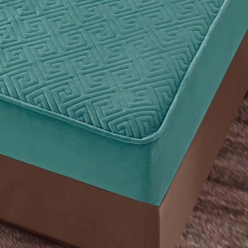 Husa de pat matlasata si 2 fete de perne din catifea, cu elastic, model tip topper, pentru saltea 160x200 cm, turquoise, HTC-47 - Img 4
