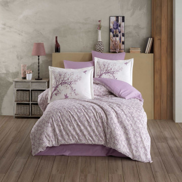 Lenjerie de pat, 100% bumbac, tesatura poplin, pat 2 persoane, alb / lila, Arianna