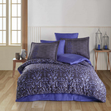 Lenjerie de pat, 100% bumbac, tesatura satin, pat 2 persoane, albastru / gri inchis, Gris