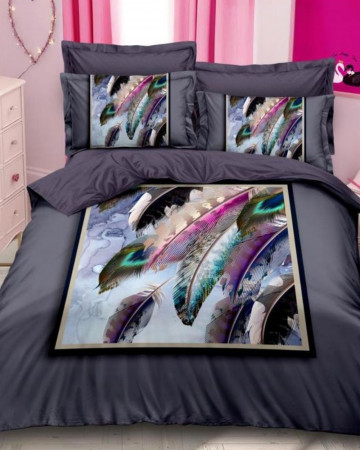 Lenjerie de pat cu 2 fete, imprimeu 3D, tesatura tip finet, pat 2 persoane, gri antracit, 6 piese, A2-21