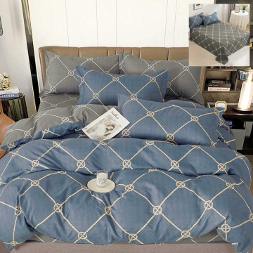 Lenjerie de pat cu 2 fete, tesatura tip finet, pat 2 persoane, 6 piese, gri / albastru marin, R60-543