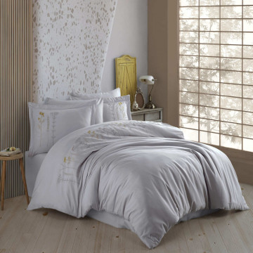 Lenjerie de pat cu broderie, 100% bumbac, tesatura poplin, pat 2 persoane, 4 piese, gri, Diva