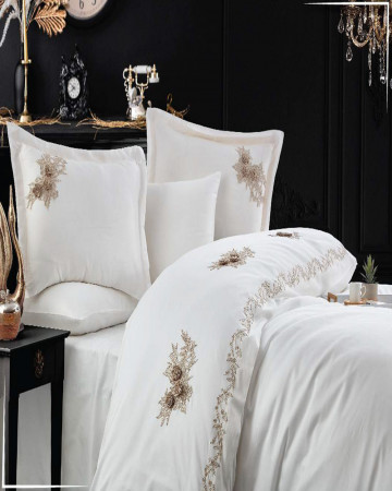 Lenjerie de pat cu broderie, bumbac 100%, pat 2 persoane, 6 piese, alb, Safir, LDV-72