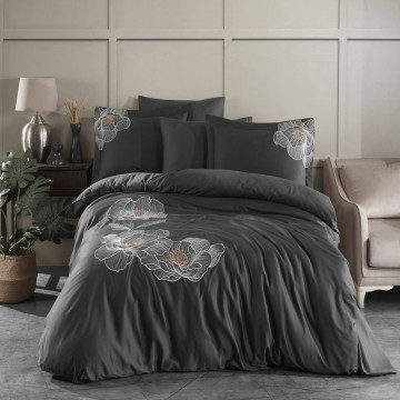 Lenjerie de pat cu broderie, bumbac 100%, pat 2 persoane, 6 piese, antracit, Calista