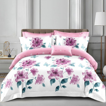 Lenjerie de pat cu elastic, policoton, pat 2 persoane, alb / roz, 4 piese, E-59 - Img 2