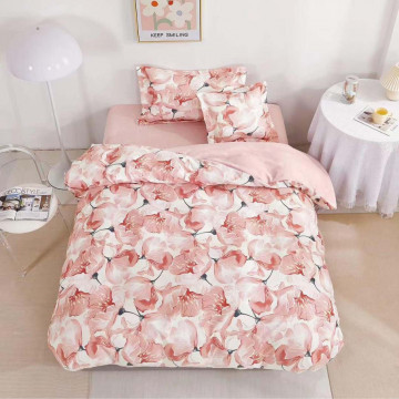 Lenjerie de pat cu elastic, tesatura tip finet, pat 1 persoana, 4 piese, alb / roz, T60-95