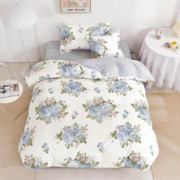 Lenjerie de pat cu elastic, tesatura tip finet, pat 1 persoana, 4 piese, albastru / crem, T60-97