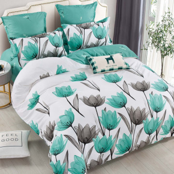 Lenjerie de pat cu elastic, tesatura tip finet, pat 2 persoane, 6 piese, alb / turquoise, FNJE-74 - Img 2