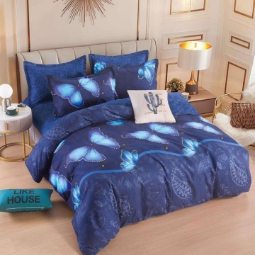 Lenjerie de pat cu elastic, tesatura tip finet, pat 2 persoane, 6 piese, bleumarin, FNJE-166