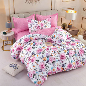 Lenjerie de pat cu elastic, tesatura tip finet, pat 2 persoane, alb / roz, 6 piese, FNJE-112