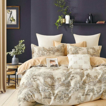 Lenjerie de pat cu elastic, tesatura tip finet, pat 2 persoane, bej / crem, 6 piese, FNE-201