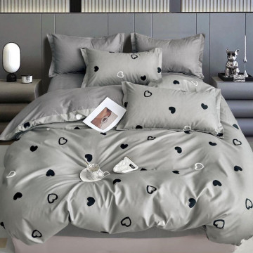 Lenjerie de pat cu elastic, tesatura tip finet, pat 2 persoane, gri, 6 piese, FNE-211