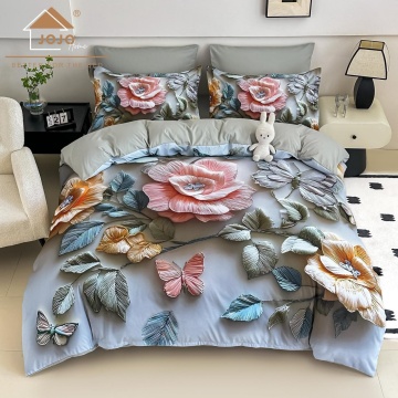 Lenjerie de pat din finet 4 piese 🌸 Gri & Roz | Imprimeu digital 5D Floral cu Fluturi | JOJO HOME | Pat 1 persoană