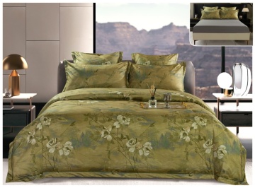 Lenjerie pat satin digital floral botanic | Verde olive | 6 piese | 2 persoane | Cu elastic